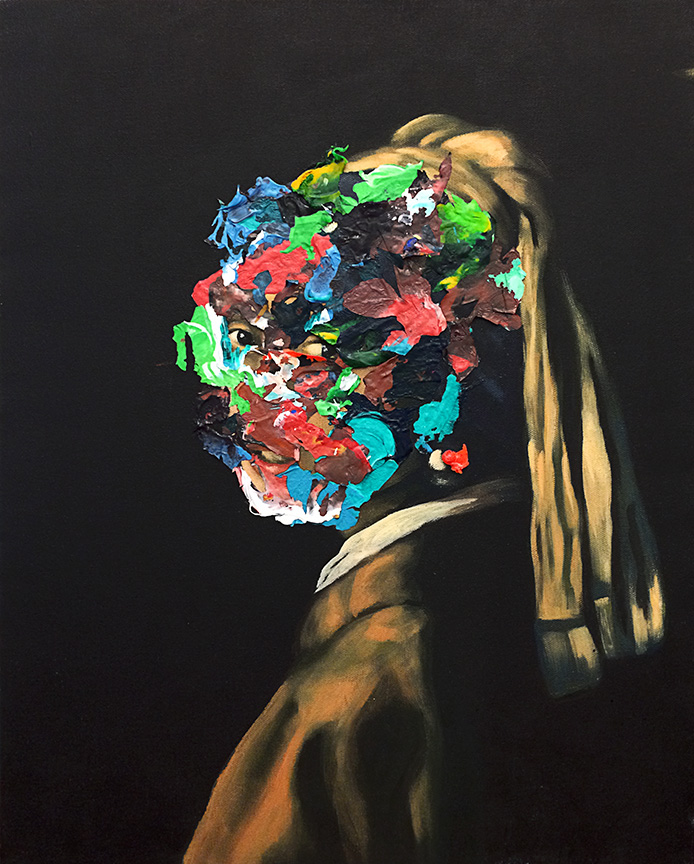 Gurl (2015) acrylic collage on found canvas painting 16 x 20 inches