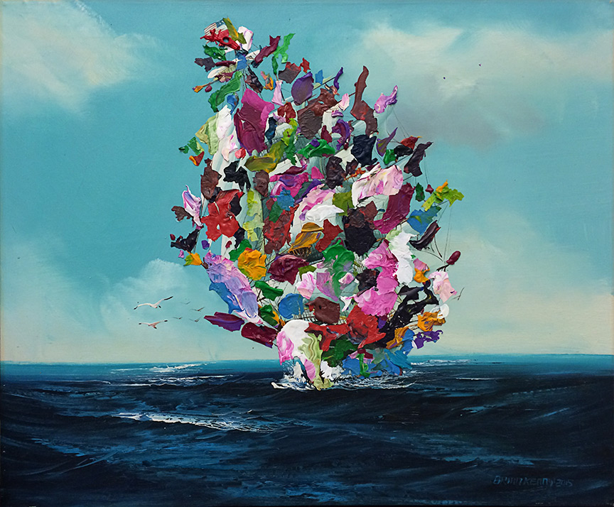 Sea Bouquet (2016) acrylic collage on found canvas painting 24 x 20 inches