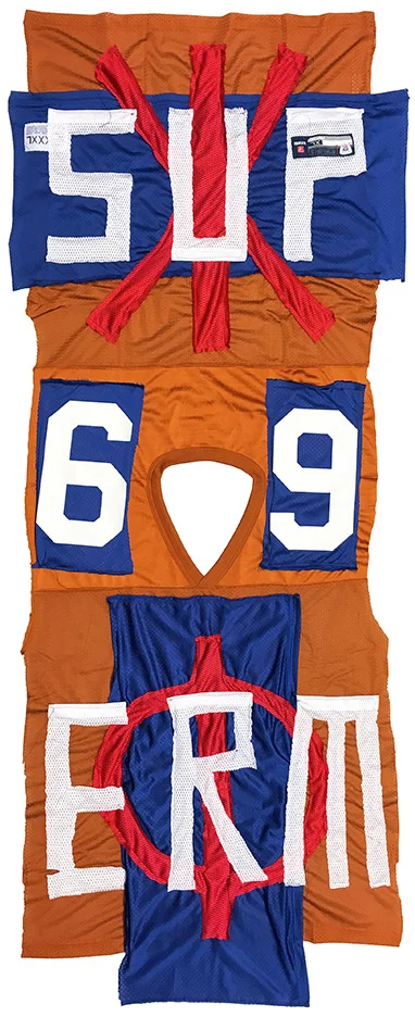 SUPERM 69 (2014) Fabric collage (sourced from sports jerseys) 67 x 28 inches