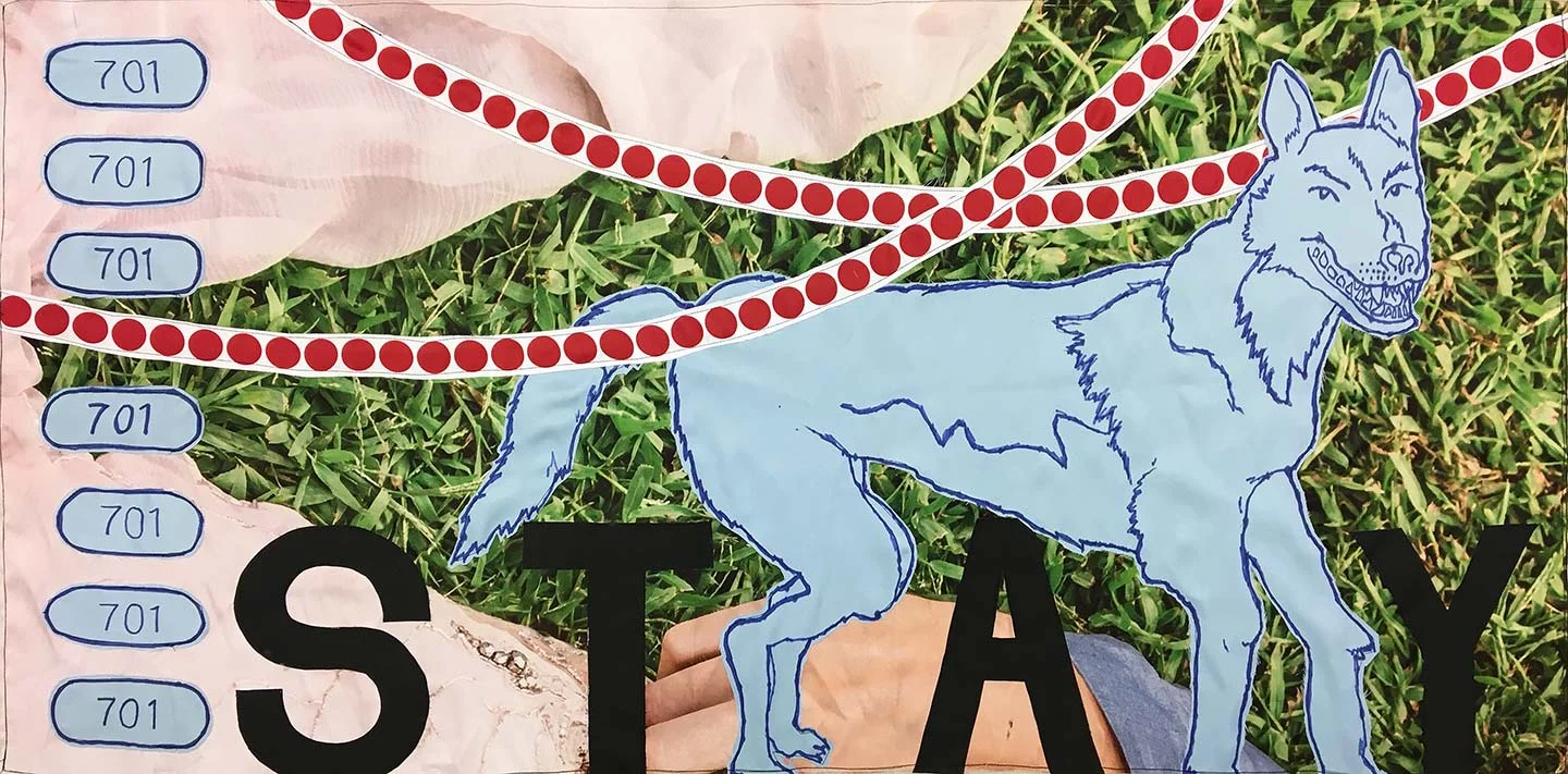 STAY TRU (2017) ink, acrylic, vinyl, and polyester applique banner 68 x 33.5 inches