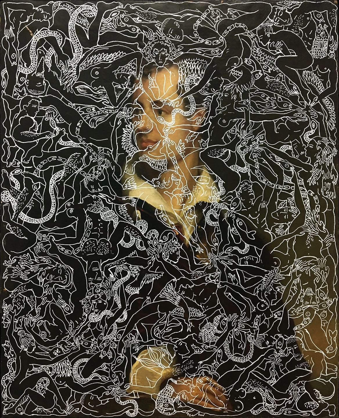 Lord Byron and the Dream of Free Love (2017) white acrylic on found 19th century painting, portrait of Lord Byron 40 x 30 inches (private collection)