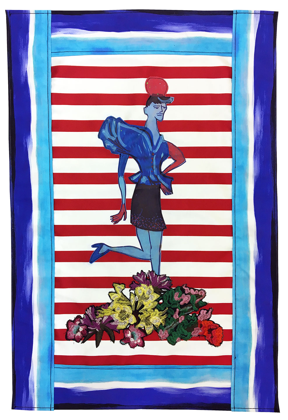 SAM (2017) acrylic, vinyl, cotton and silk appliqué banner 29 x 20 inches ( private collection )