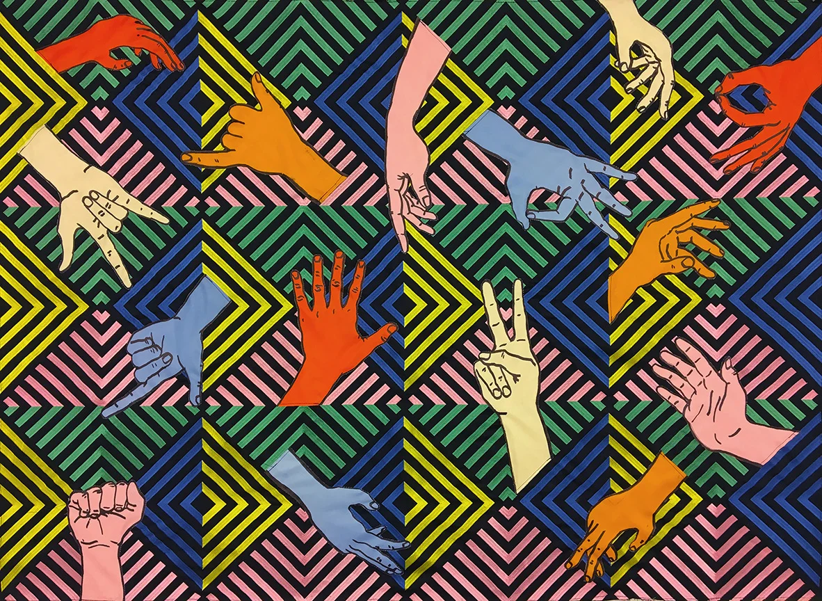 Helping Hands (2017) acrylic, vinyl, cotton and silk appliqué banner 94.5 x 108 cm ( private collection )