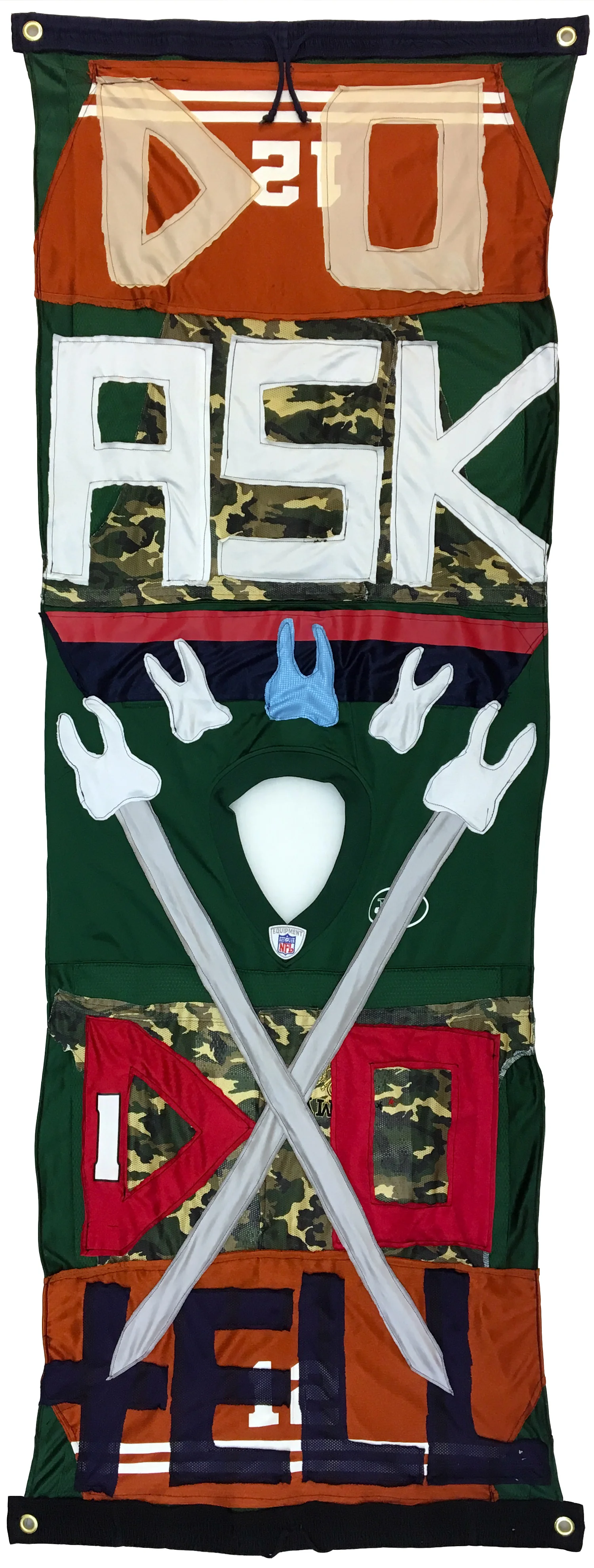 DO ASK, DO TELL (2018) Sports jersey appliqué banner 68 x 25 inches 