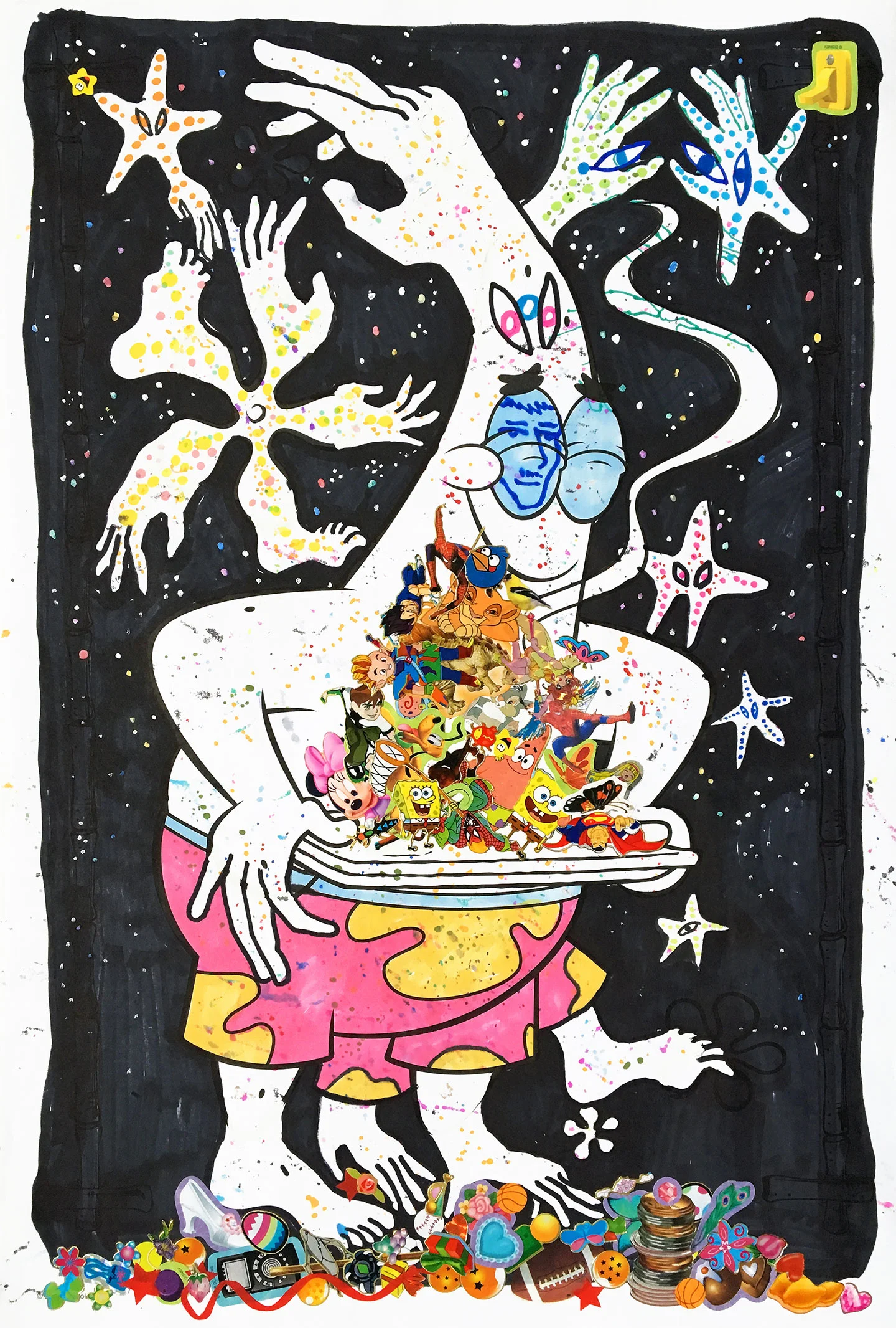 Breakfast of Champions (2017) Ink, acrylic and stickers on paper 13 x 19 inches
