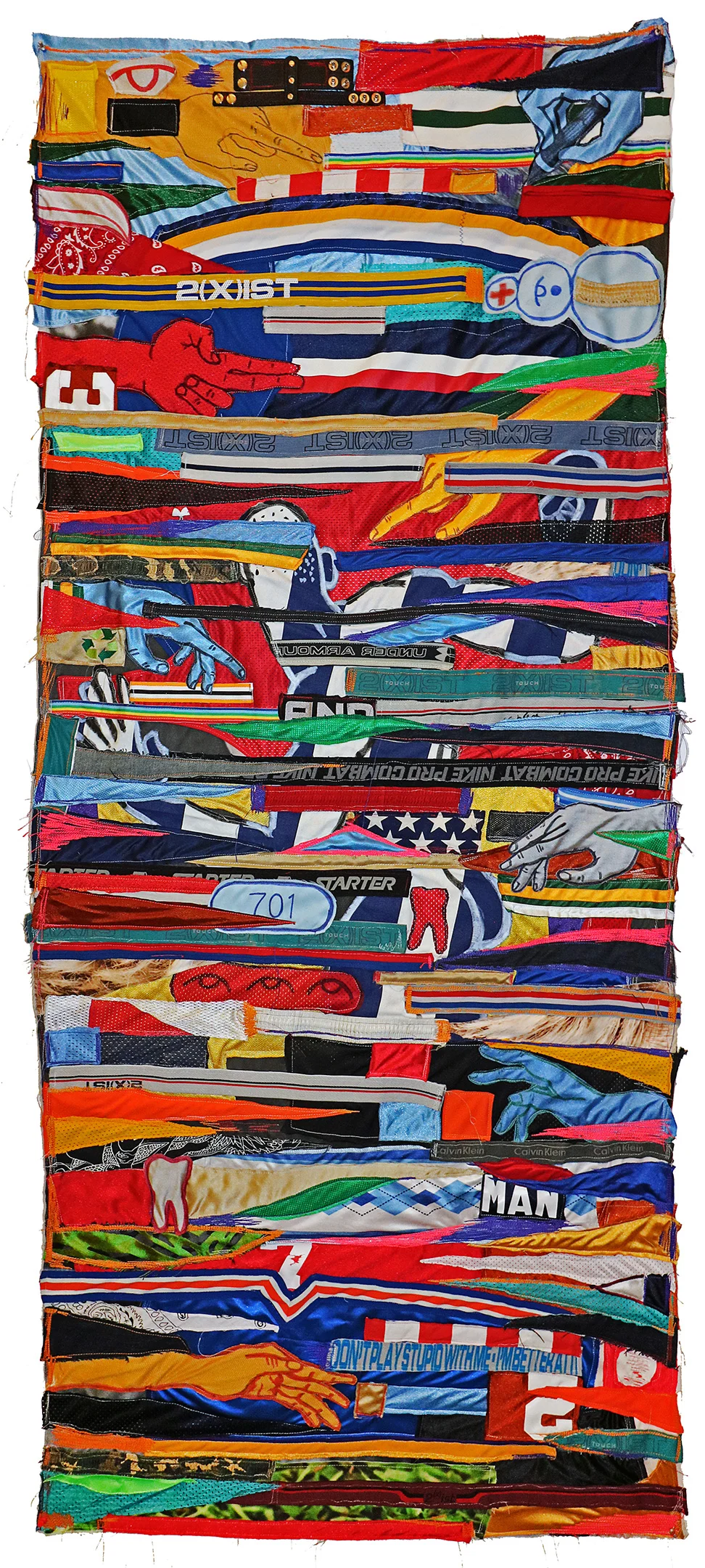 AND MAN (2018) Appliqué banner made from underwear waistbands, sports jerseys, american flags, denim, leather, designer clothing and commercial ads 80 x 34 inches
