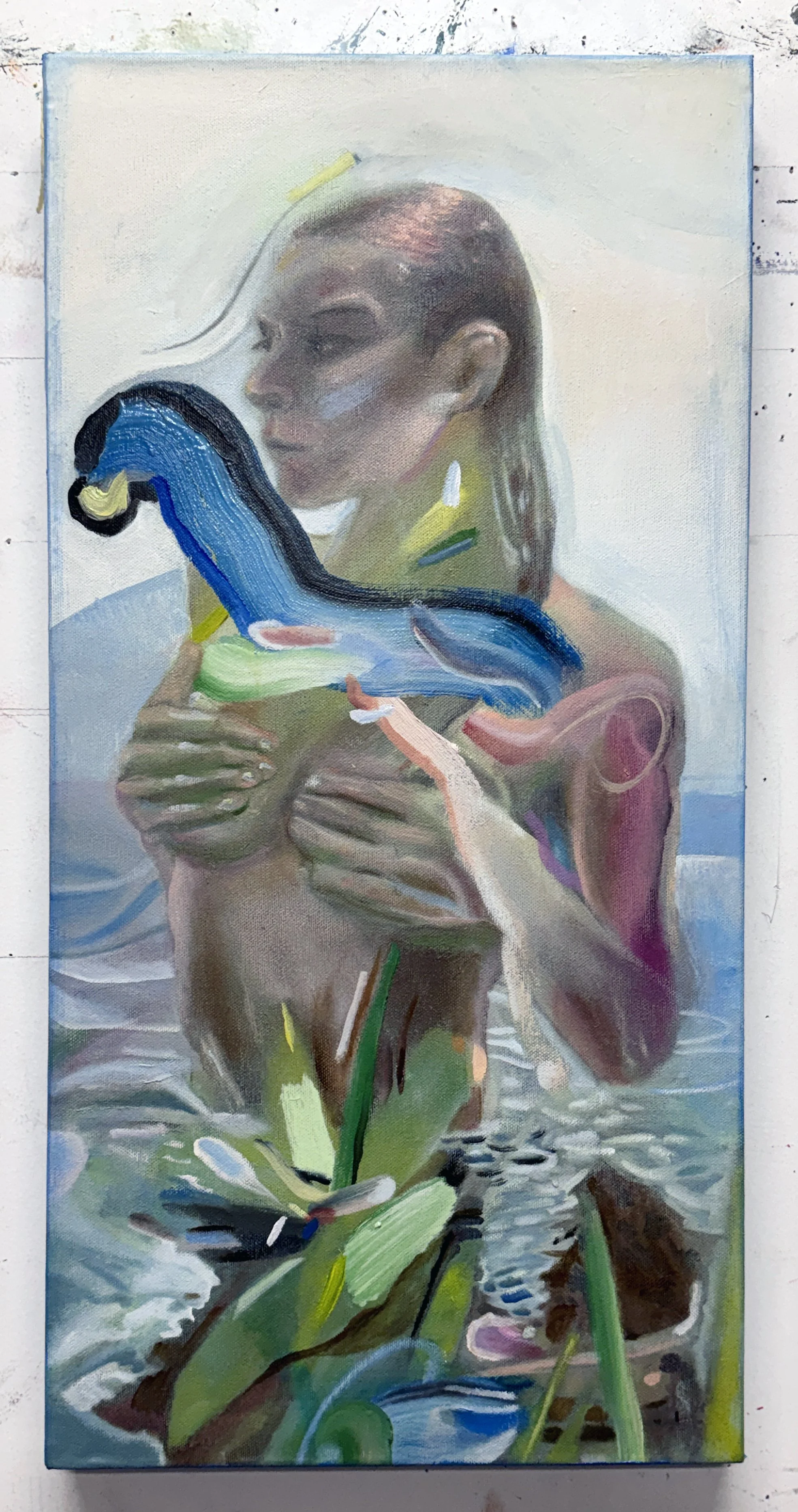    Sasha Swimming    (2026)  oil on canvas  12 × 24 in  signed on verso 