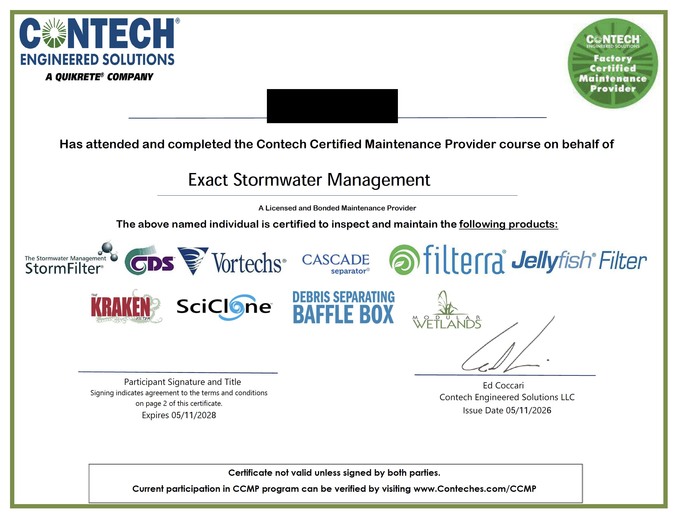 Contech Factory Certified Maintenance Provider certificate — Exact Stormwater Management