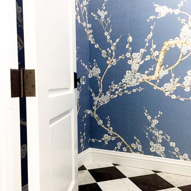 A Peek into the Powder Room at #projectbrittanymeadows. Custom Wallpaper from @brunschwigfilsny. Marble Floors from @exquisitesurfaces #jrdsummerofinstalls