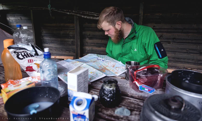 Checking the day's route.
