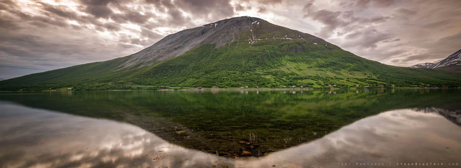 Panorama reflections on the fjord in Nordkjosbotn, norway.