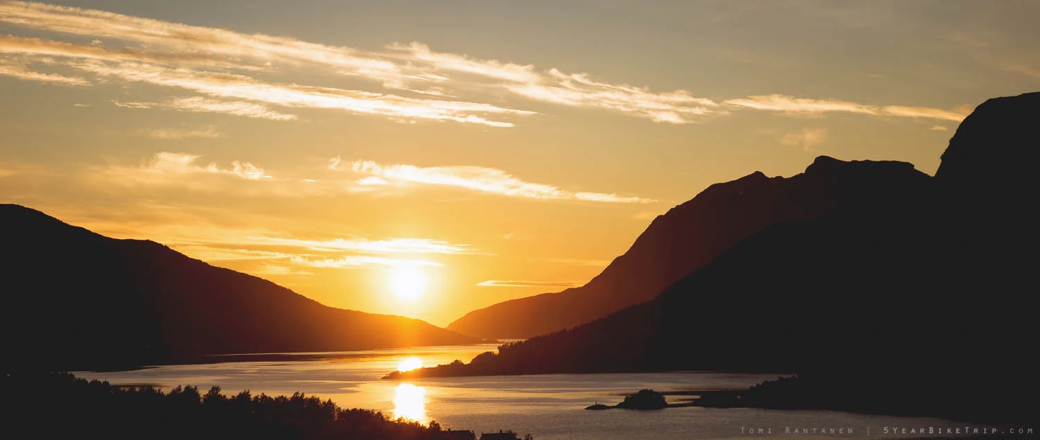 Sunset between mountains by the fjords in Norway.