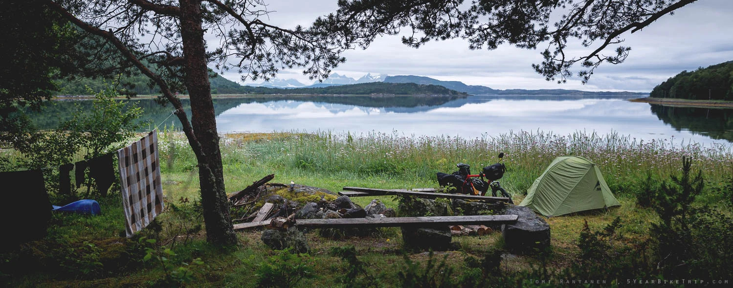 Beautiful campsite by a fjord in Norway.