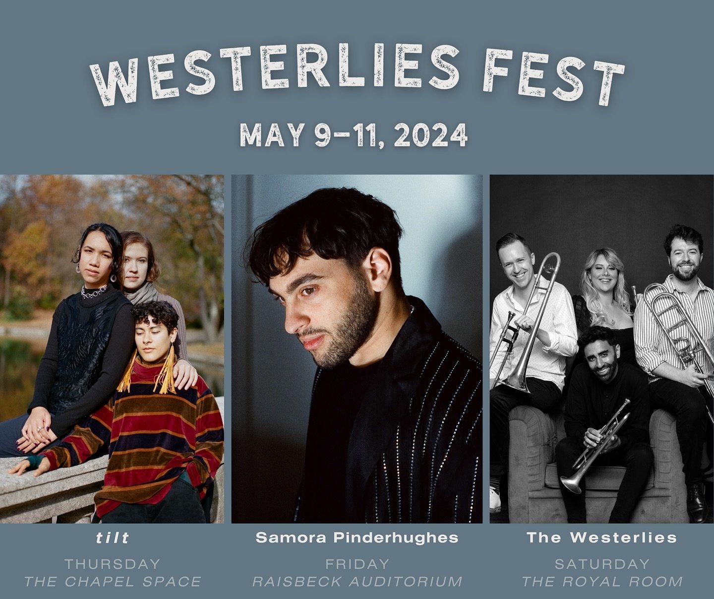 Next week we come home to Seattle for our sixth annual Westerlies Fest! Three nights of music featuring dream collaborators @samorapinderhughes and @tiltsounds. Say hey in the comments if you&rsquo;re coming!

#westerliesfest #thewesterlies
📷: Alex 