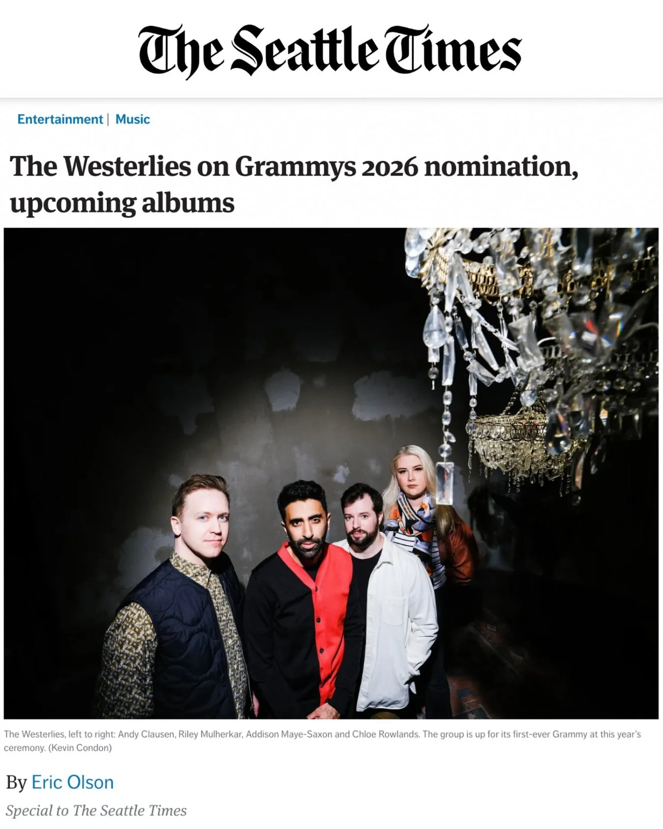 We made our hometown paper! Huge thanks to Eric Olson and the @seattletimes for the feature. 

Shoutout to @weirdhours for the photo!

#thewesterlies #grammys #seattletimes