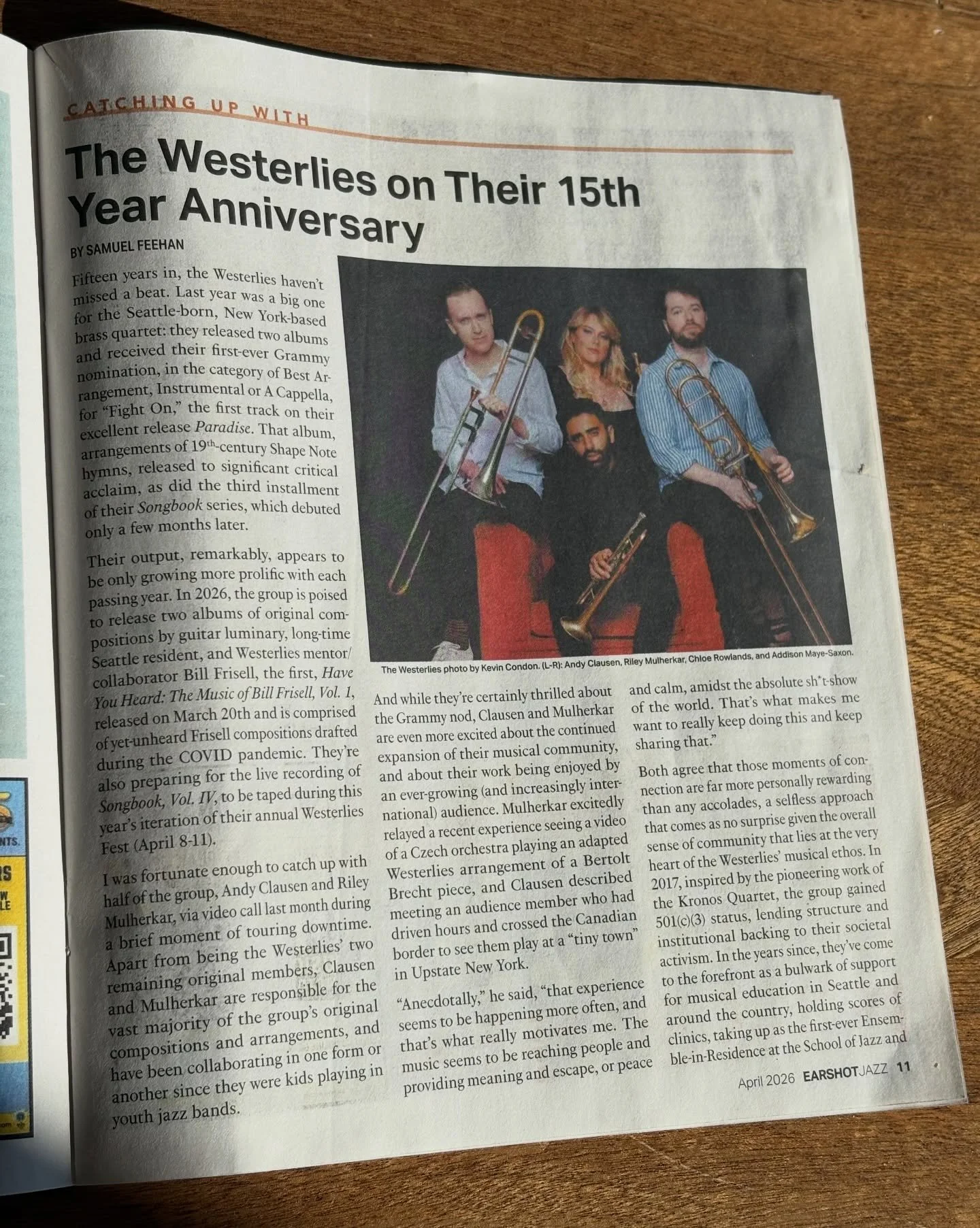 Thanks @earshotjazz for featuring Westerlies Fest in their April magazine! Tonight&rsquo;s live recording is sold out, but tickets still remain for Saturday night at @415_westlake!

#westerliesfest #thewesterlies #earshotjazz