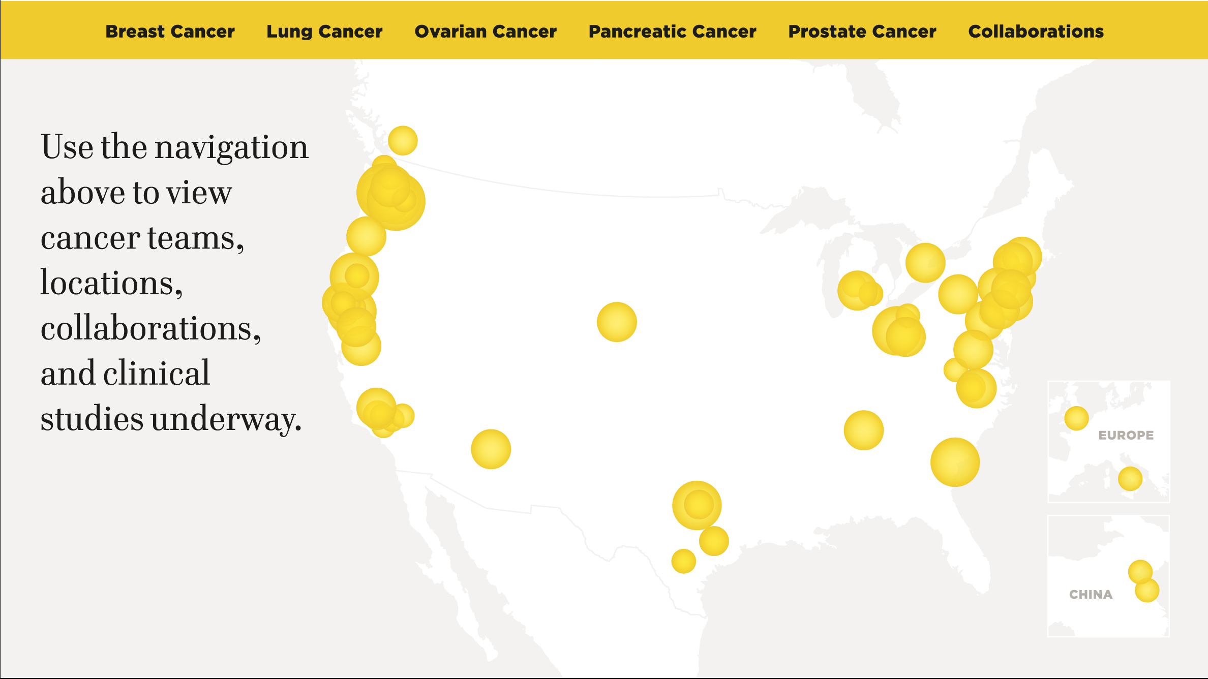 Interactive Map created to illustrate the reach of Canary Foundation supported science across five programs and collaborations with other significant cancer research institutions globally