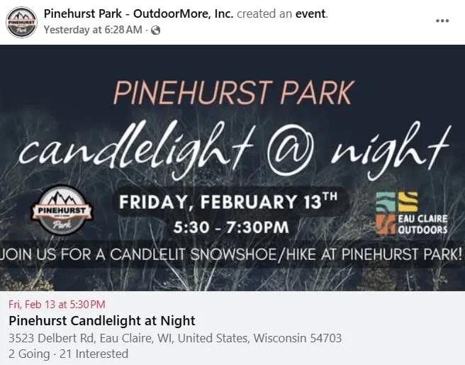 Candlelight at Night! 🕯️

Grab your favorite people and make it a night out at the park to snowshoe, hike, ice skate, sled, XC ski, hit the terrain park, or just cozy up around the campfire. If you haven&rsquo;t experienced winter at Pinehurst yet, 
