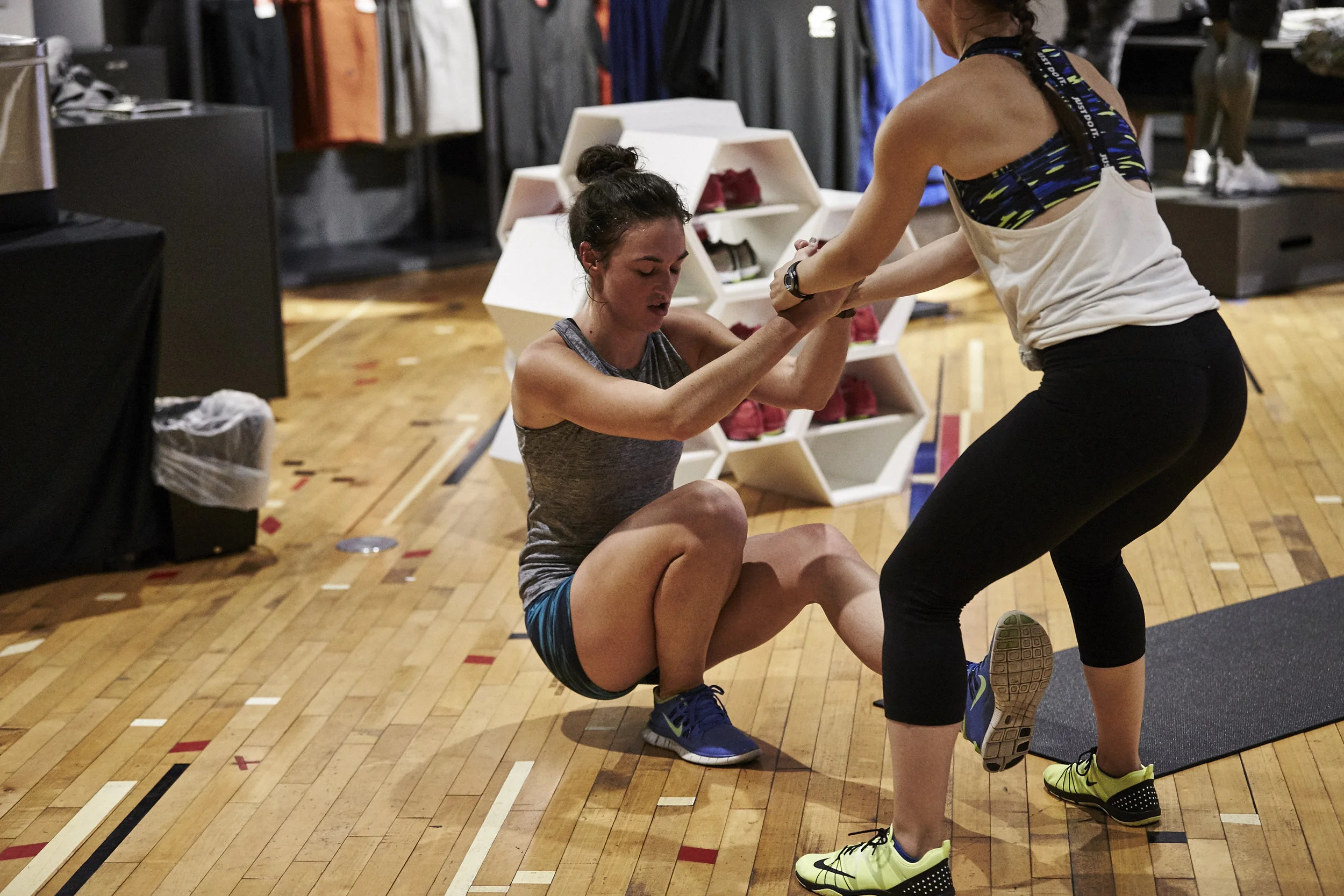 Jen and I doing pistol squats as part of the partner workout.