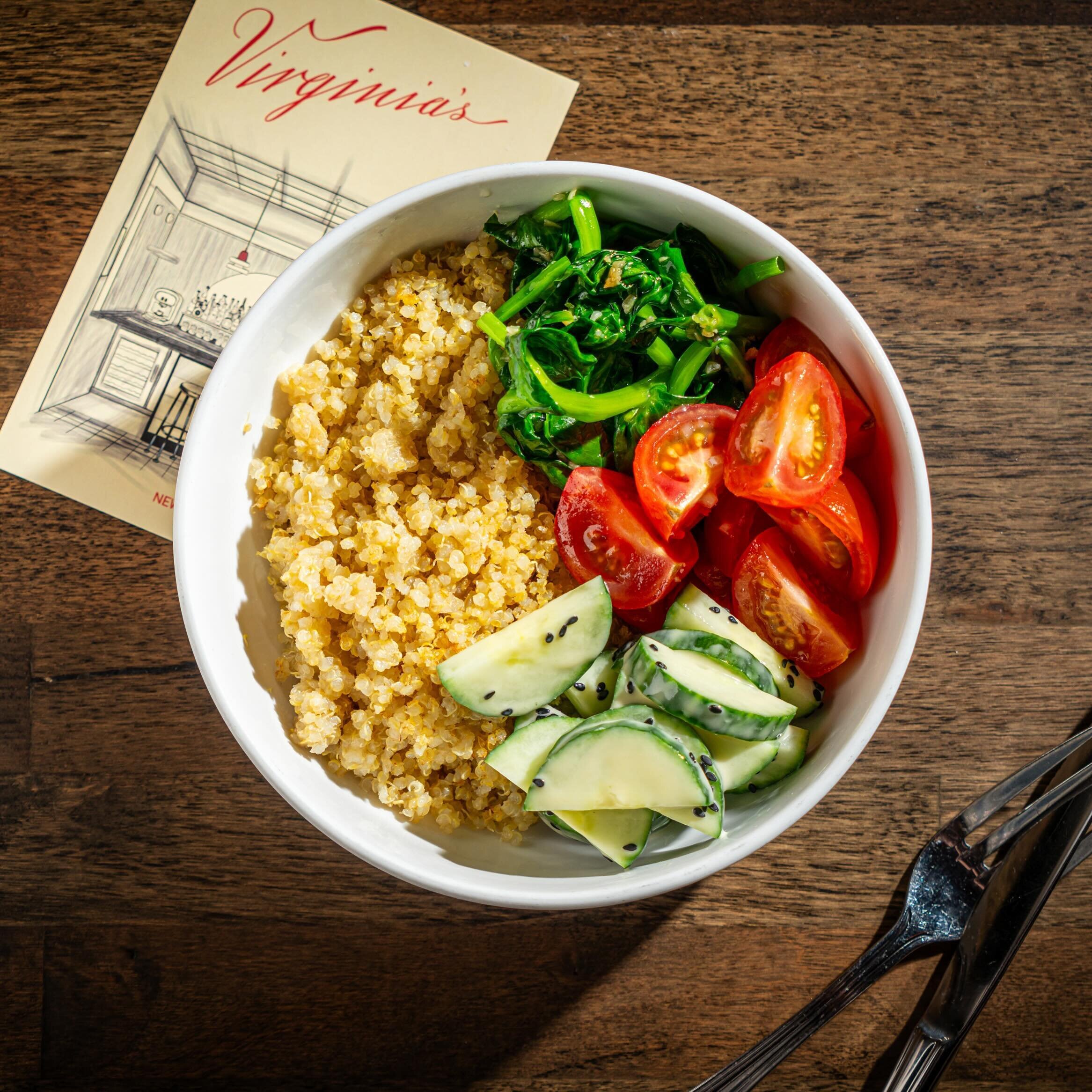 Meet our lunch exclusive grain bowl &mdash; quinoa, tomato, cucumber &amp; pea leaves! 🍅✨🥒 Join us for Friday lunch tomorrow from noon to 3! Walk ins always welcome, reservations online. #virginiasnyc 

📸: @noahfecksisawesome