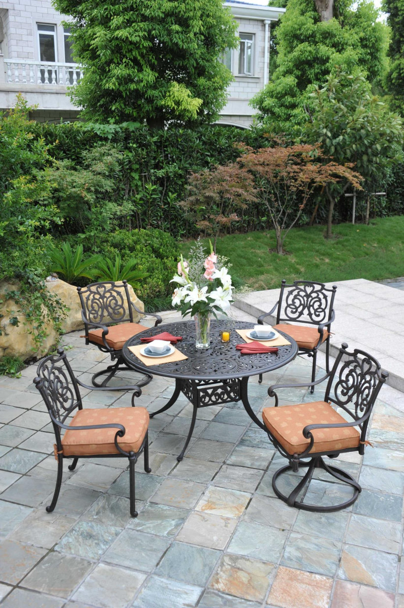Augustine Cast Aluminum Powder Coated 5pc Outdoor Patio Dining Set with 48 Round Table with Sunbrella Cushions Antique Bronze St