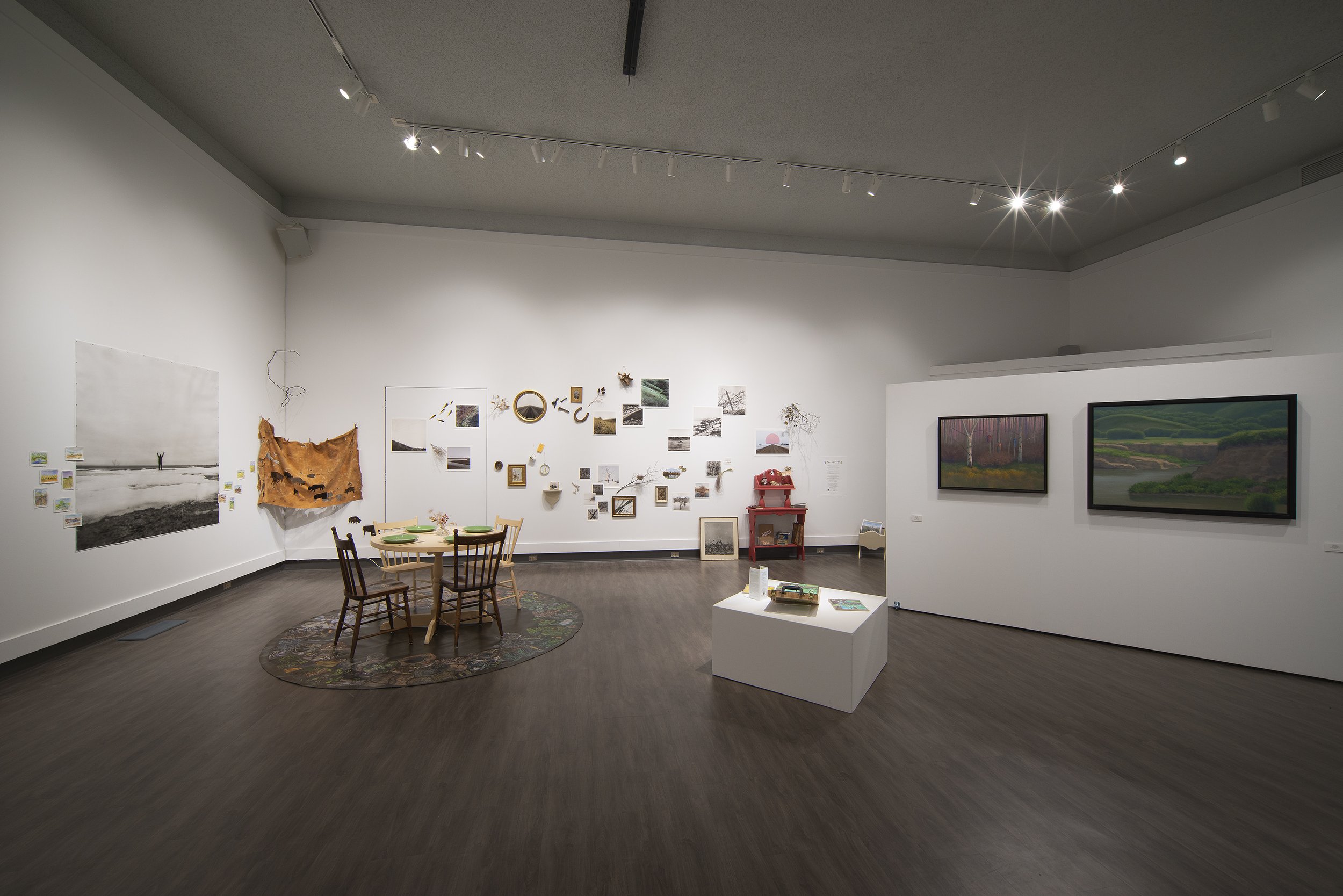  Installation image No. 1: “Where will the frogs sing?” at the Art Gallery of Regina group show View from the Edge of the World (2023). Please note the beauiful paintings of the late Michael Keepness on the right.  