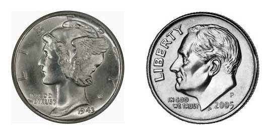 Mercury Dime on the left; current dime design with Pres. Franklin Roosevelt on the right. Both photos provided by wikipedia.com.