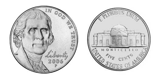 This is the most recent redesign of the nickel. The profile of President Jefferson is based off of a Rembrandt Peale portrait from 1800.
