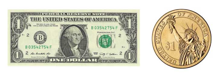 The front of the paper dollar bill and the tails (reverse) end of the dollar coin. Photos courtesy of wikipedia.com.