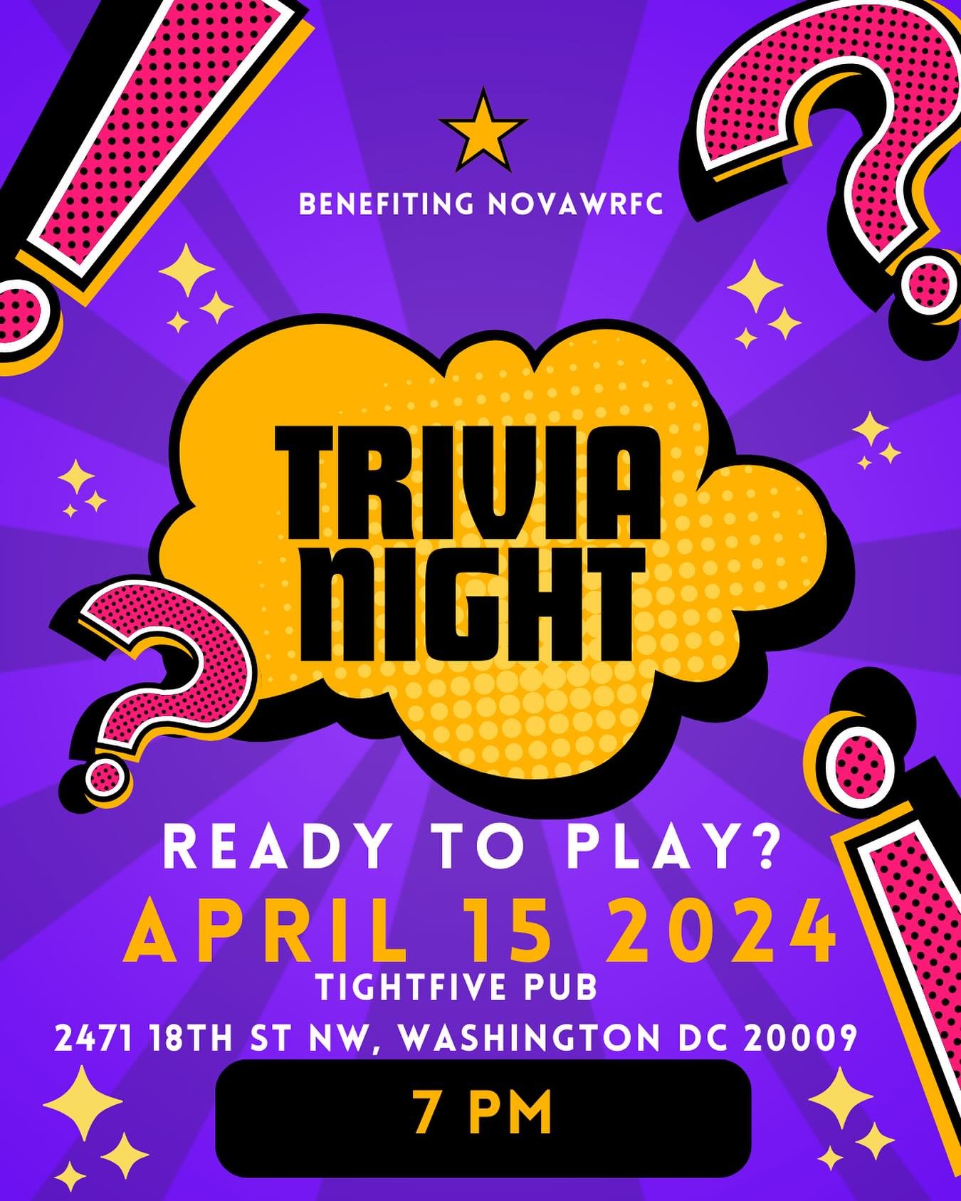 Don&rsquo;t make your Monday night boring! 
Come and test your trivia knowledge, grab a drink, stay a while- make new friends!

All benefiting us as we head to regionals! 
AND the weather is going to be amazing! 

Come out and celebrate the unofficia