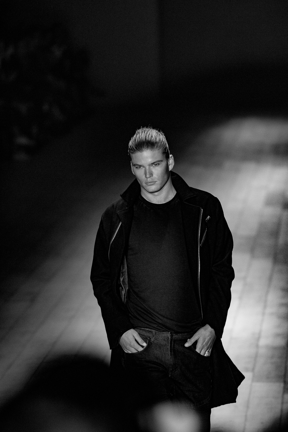 Jordan Barrett (IMG Models) walking for Justin Cassin, runway show.