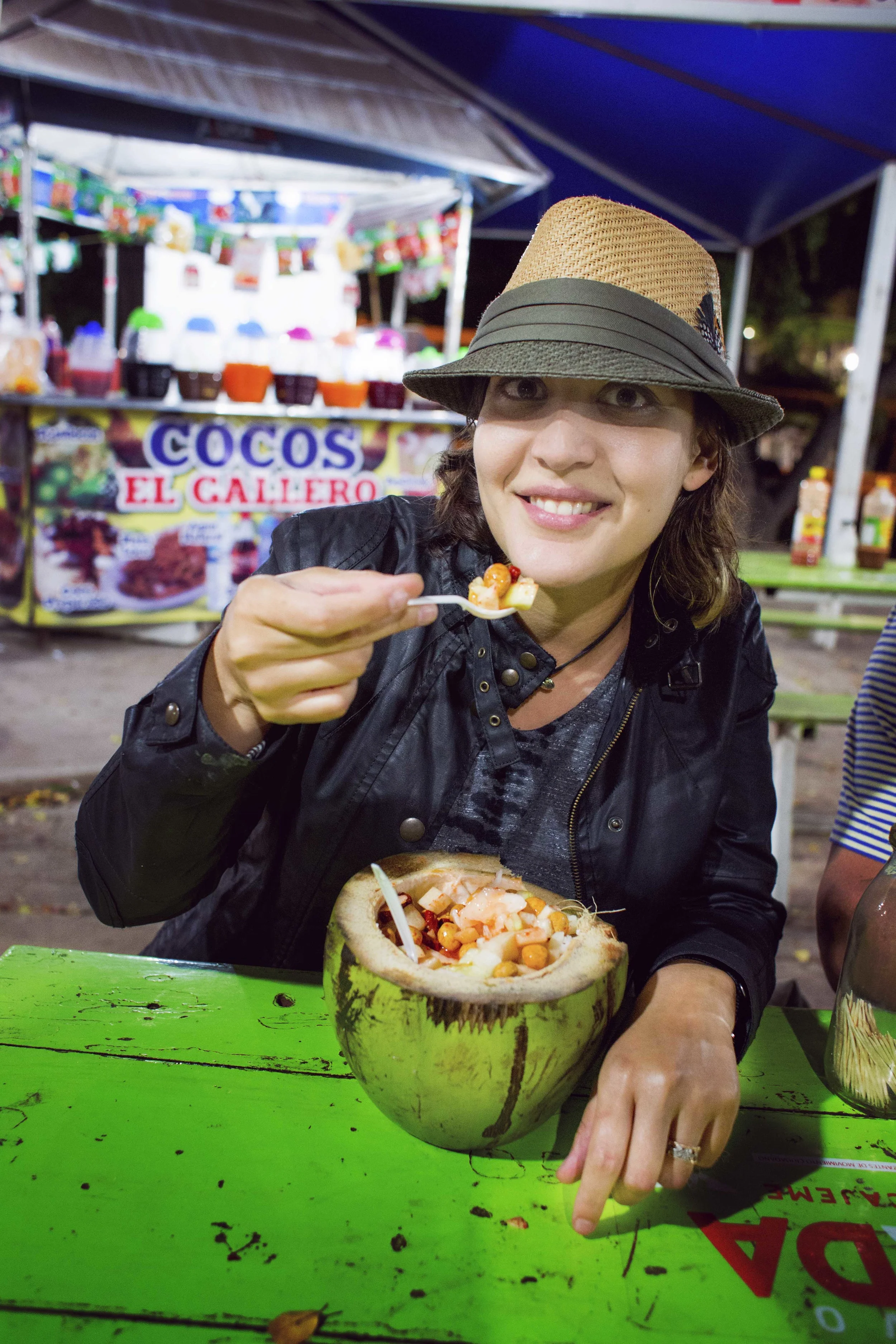 Day 52 - Obregon, Sonora, Mexico Cocos!!! Best cocos in Mexico are in Obregon! You pick the coco of your choice - soft, medium or hard pulp - where they cut it open and you enjoy the cocount juice. Some make them a coco loco where tequila is added. Once you finish your drink, they will prepare the pulp to your liking. This one had a medium coconut pulp with cucumber, Japanese peanuts, rielito, clamato juice and lime.