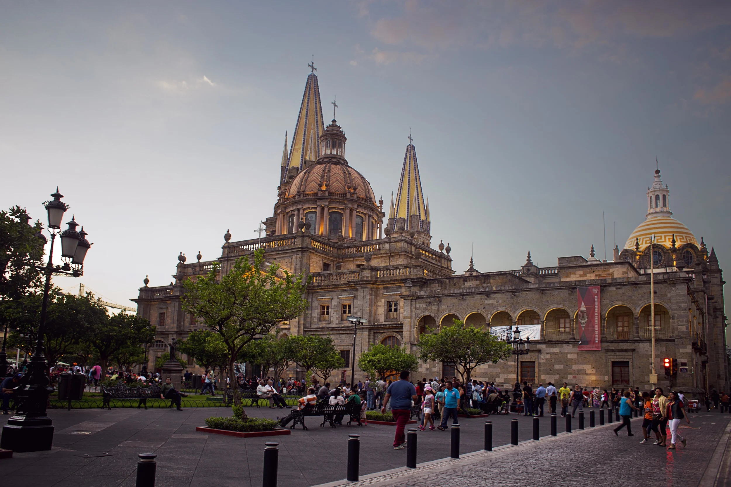 Day 60 - Guadalajara, Jalisco, Mexico The Cathedral of Guadalajara, built in 1568. In front of it is a plaza which gets filled with people every night with people of all ages and social classes. You can find street performers, street vendors selling from freshly cut pineapple with chili or sans chili, and toys for the kids to play with as the parents sit nearby.