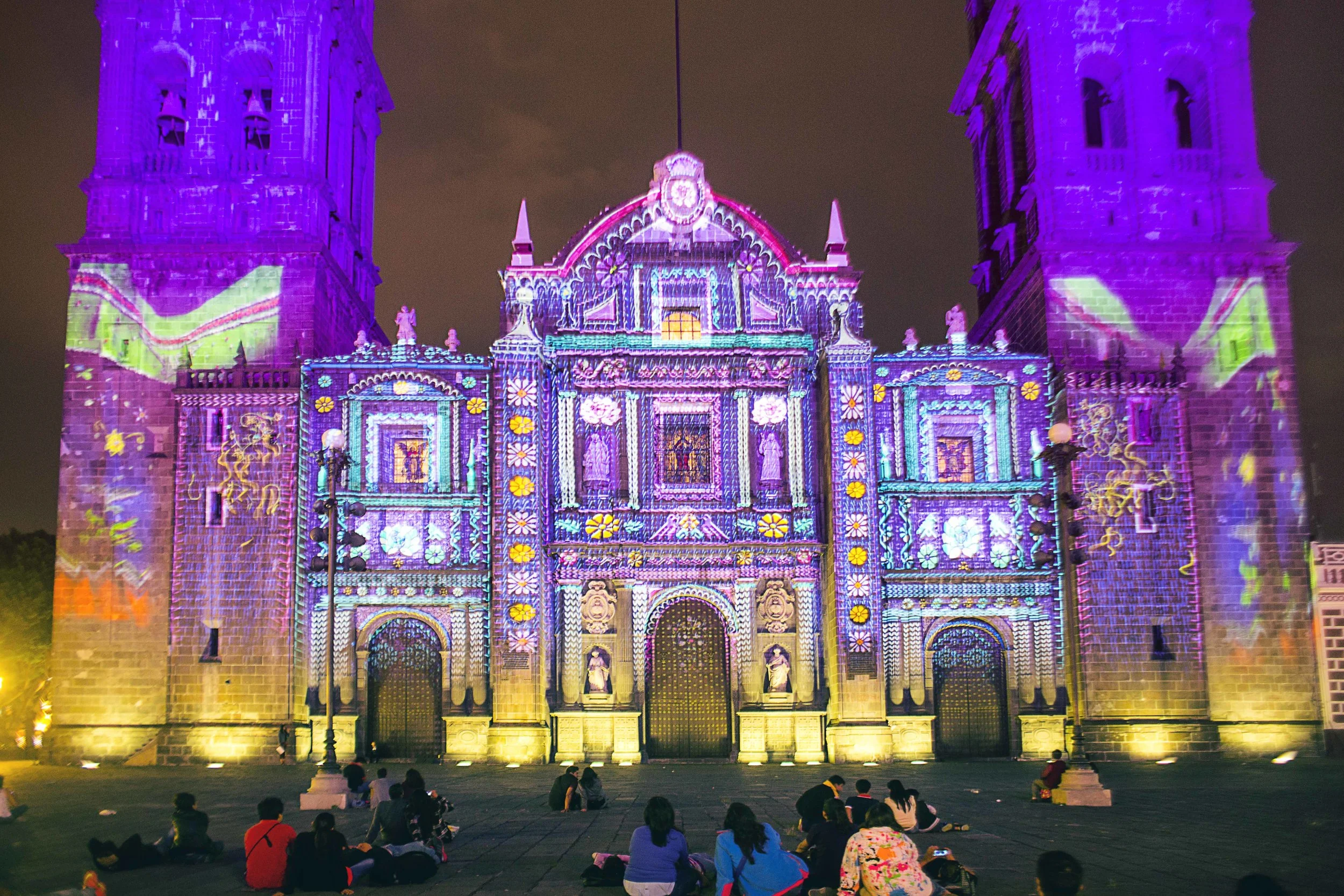 Day 97 - Puebla, Puebla, Mexico May 1, 2015 A special presentation was projected on Puebla's main cathedral displaying Puebla's history, Talavera and other festive images to prepare for the upcoming Cinco de Mayo celebrations that will continue for the whole month of May.