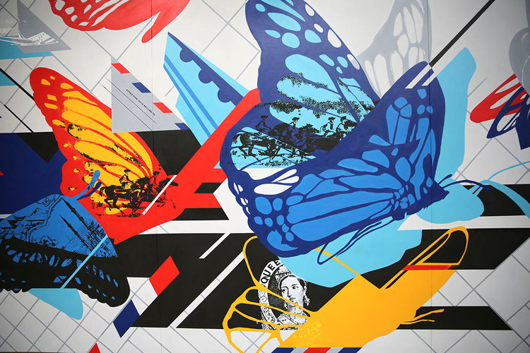 Bouncing off the theme of mail and flight, postage stamp and mail graphics are interrogated into the work