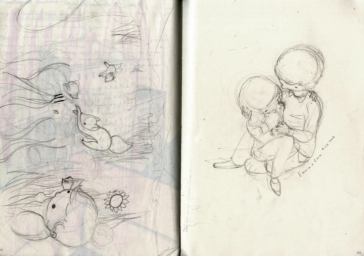 So here, I sketch things I might be able to take to final.
These are characters that keep popping up in my sketchbook.
On the left are my people Emma and Ezra,
on the right, a scene with foxes and a lady.
I think I might carry both out in watercolor…