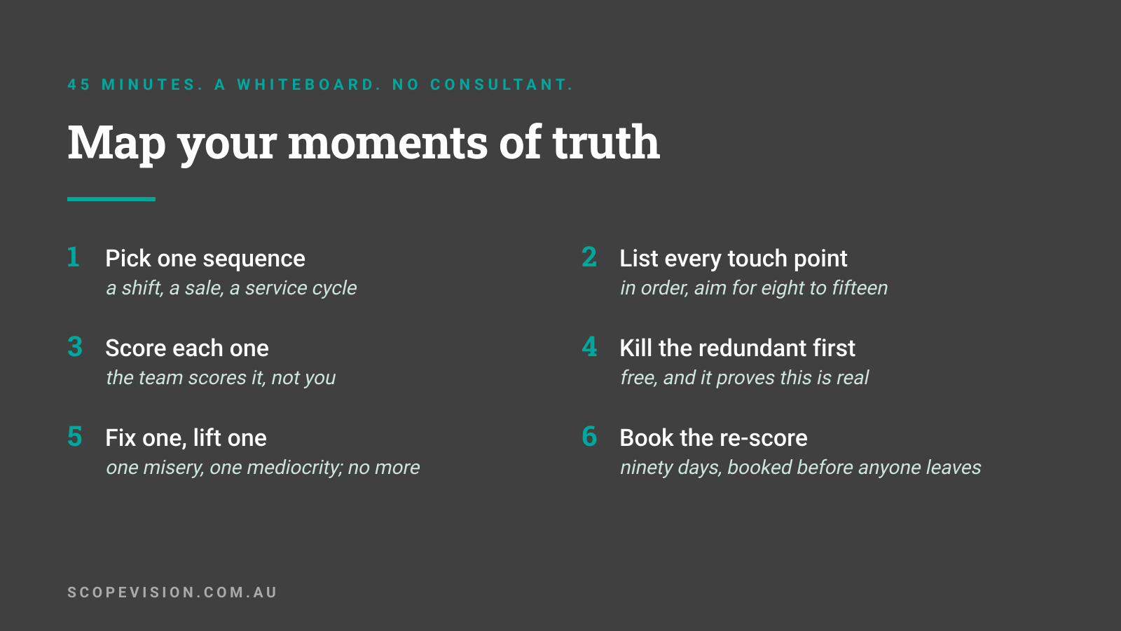 A six step run sheet for mapping your moments of truth in forty-five minutes, from one sequence to the re-score.