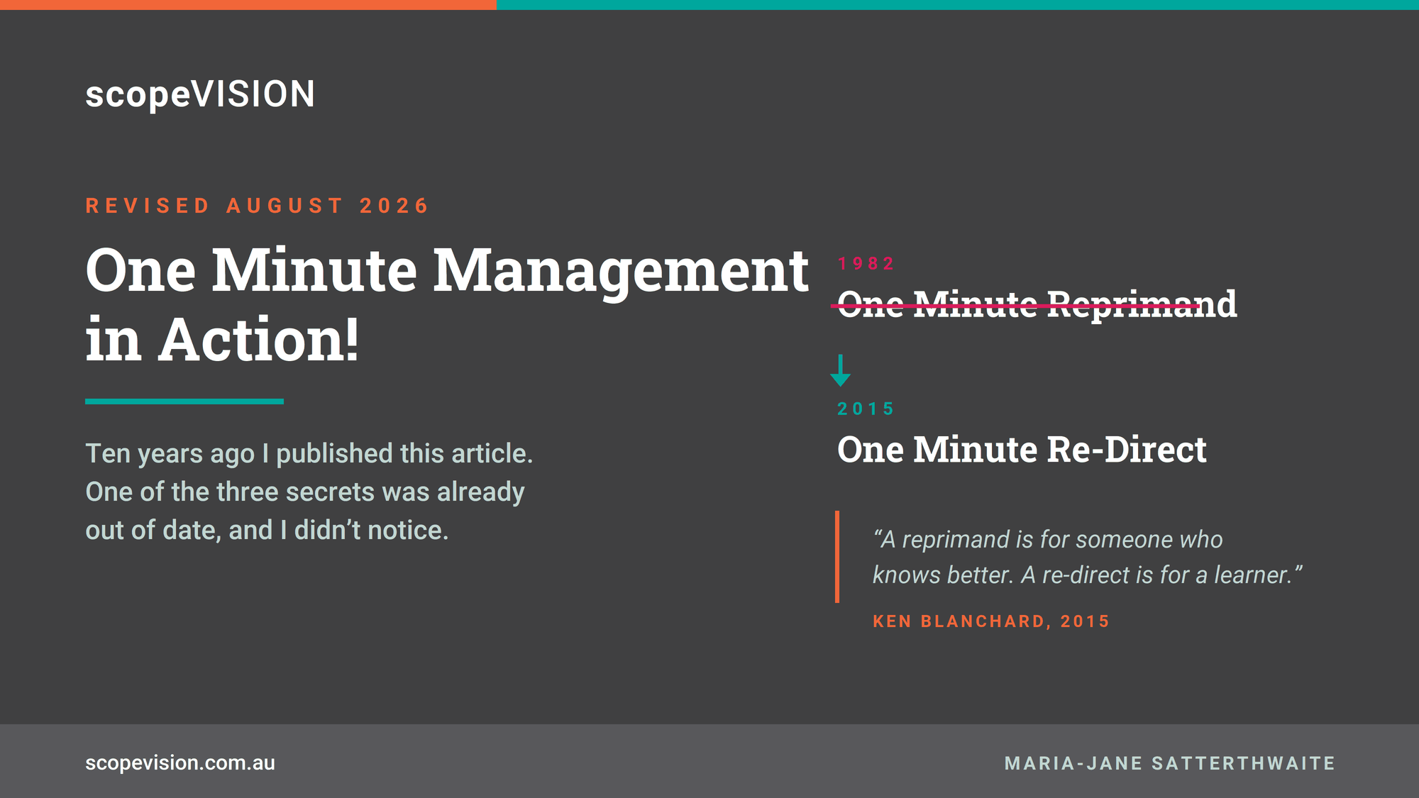 Scope Vision banner for One Minute Management in Action. The 1982 One Minute Reprimand is struck through and replaced by the 2015 One Minute Re-Direct.