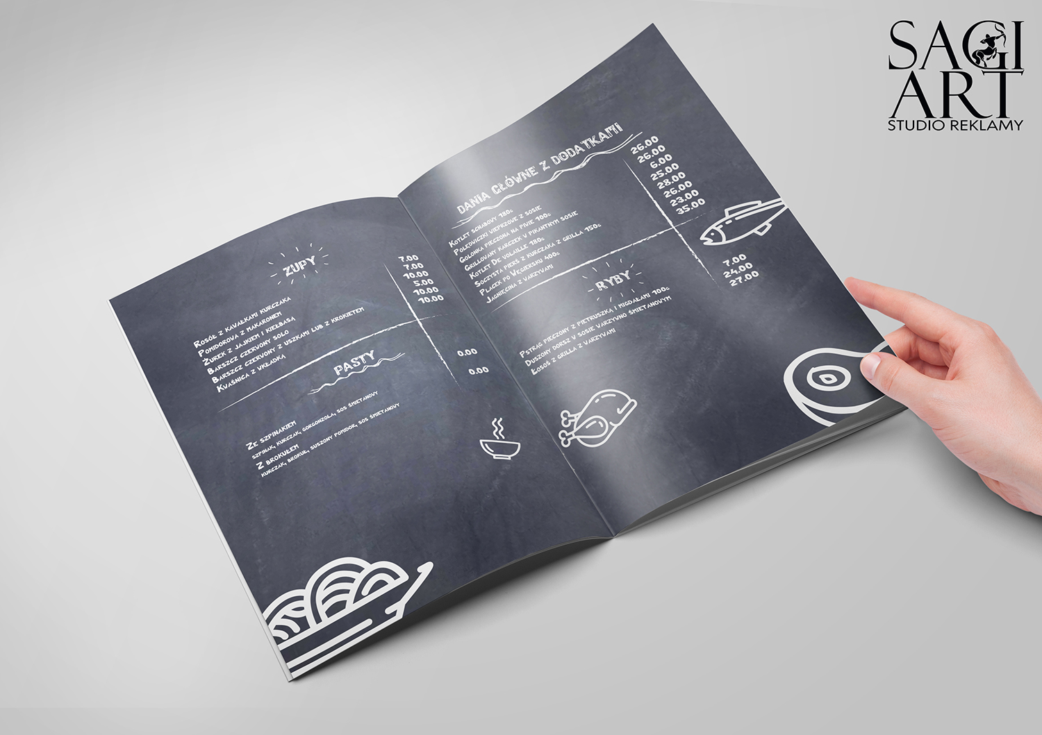 Przygotowanie graficzne + druk kart menu w formie zeszytowej. Papier kreda mat 200 + folia mat + lakier uv