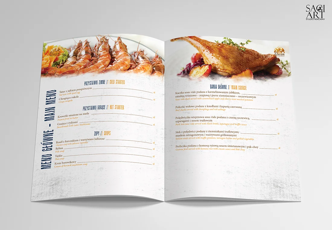 Przygotowanie graiczne kart menu wraz z drukiem. Format 250x210mm