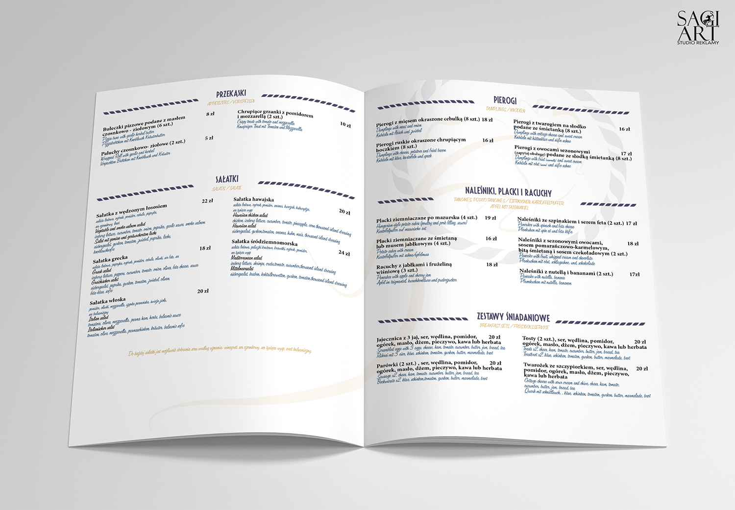 Przygotowanie graficzne + druk kart menu. Format 250x210mm, kreda mat 300g + folia mat