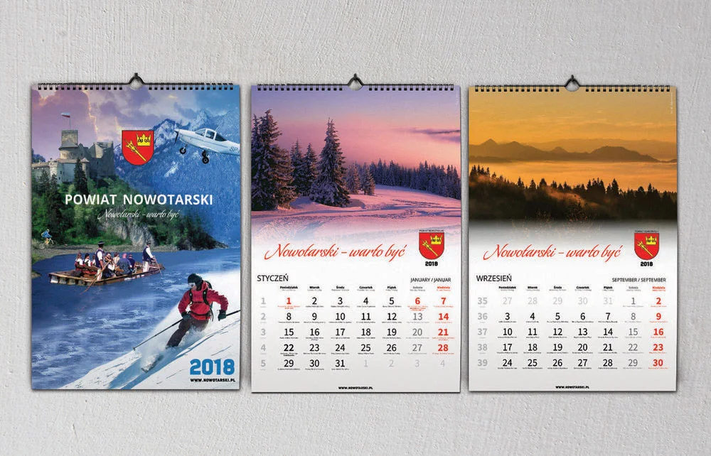Przygotowanie graficzne oraz druk kalendarzy wielostronicowych B2. Okładka kreda błysk 200g, środek 170g, spirala