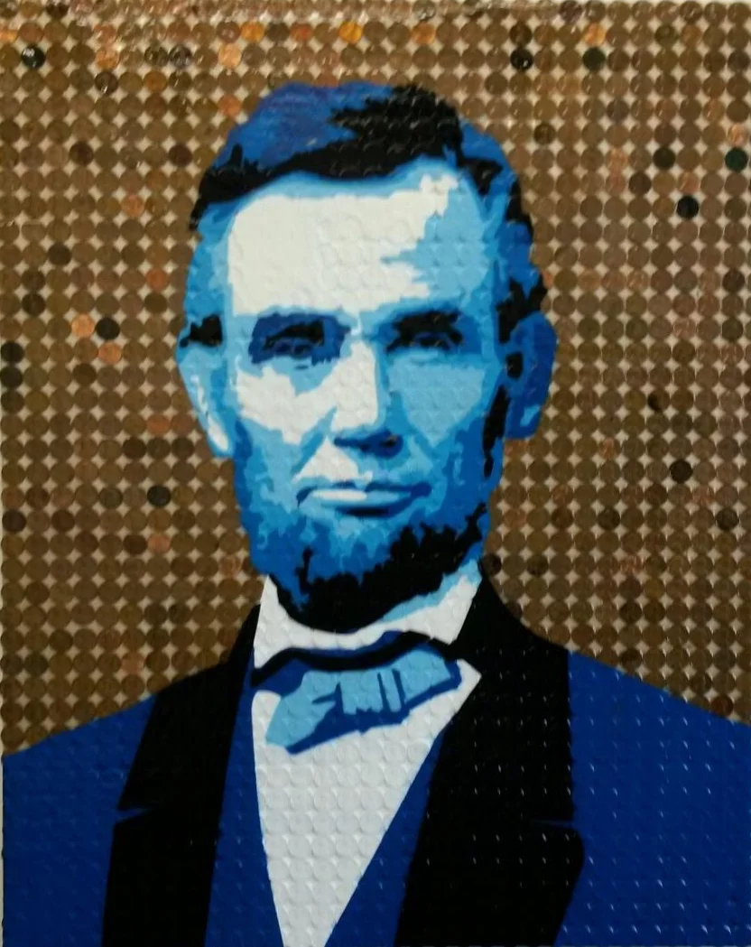 "Abe on Ice" 24x30 mixed media on wood panel canvas. Mixed Media on Wood Panel (95% copper pennies minted prior to 1982, with resin and Acrylic Spray Paint on Wood canvas Panel) Privately Owned