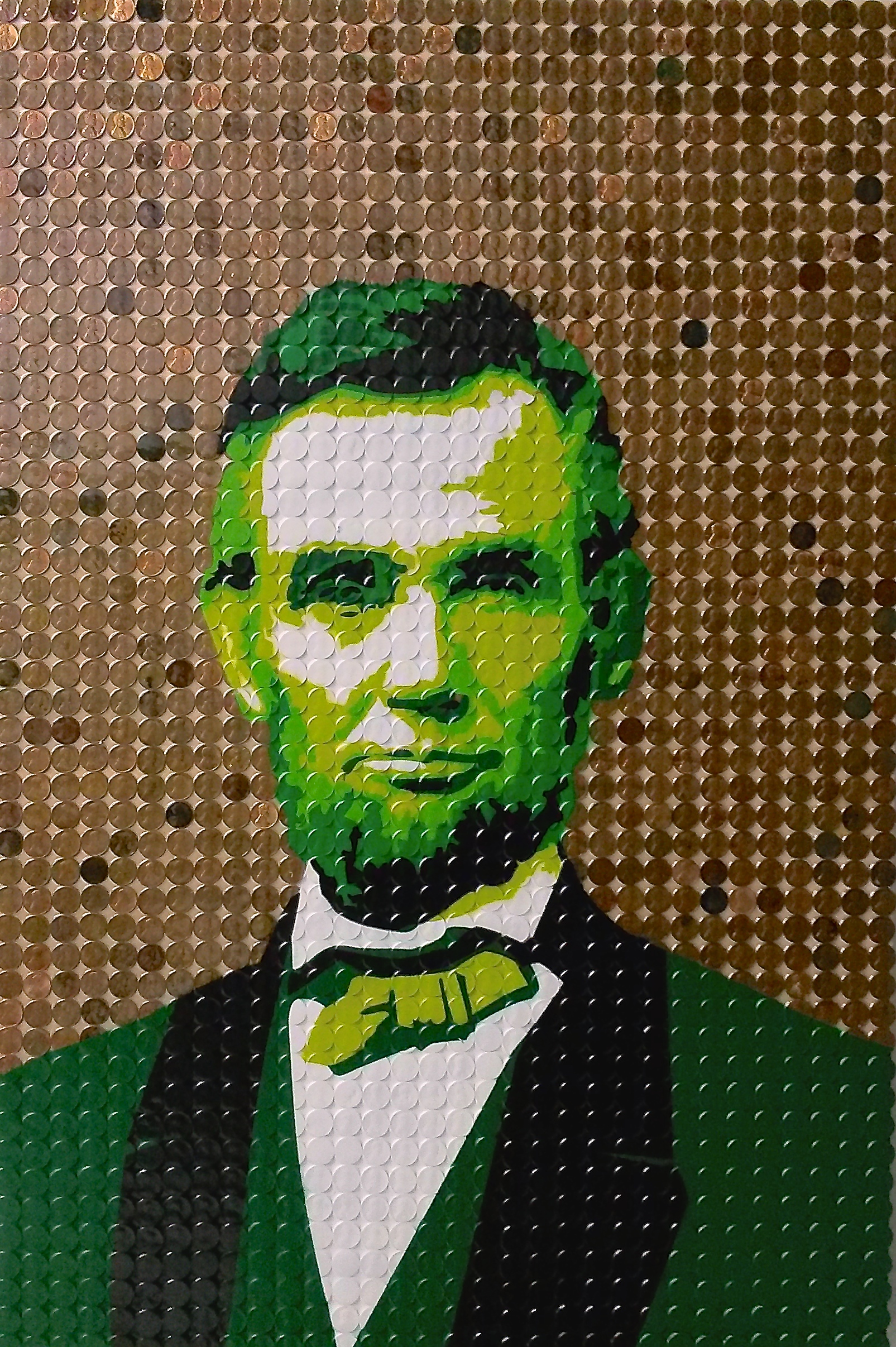 "Oxidized Abe" 24x36 Mixed Media on Wood Canvas (Made with 95% copper pennies minted prior to 1982, Resin and Acrylic Spray Paint) Privately Owned