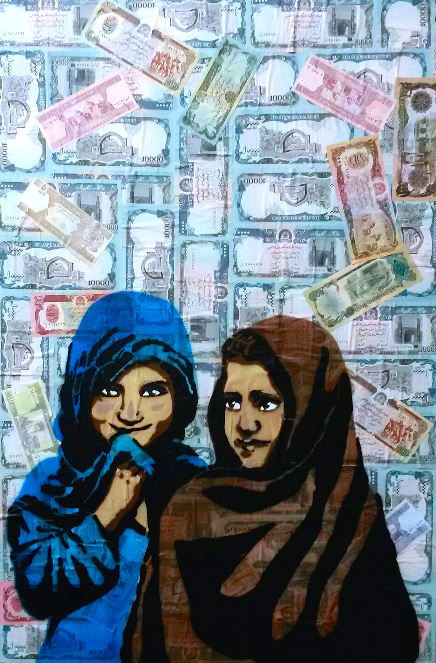 "Da Afghanistan Bank" 24"x36" Mixed Media Mixed Media (Afghan Currency, Acrylic Spray Paint) on Wood Canvas - Privately Owned