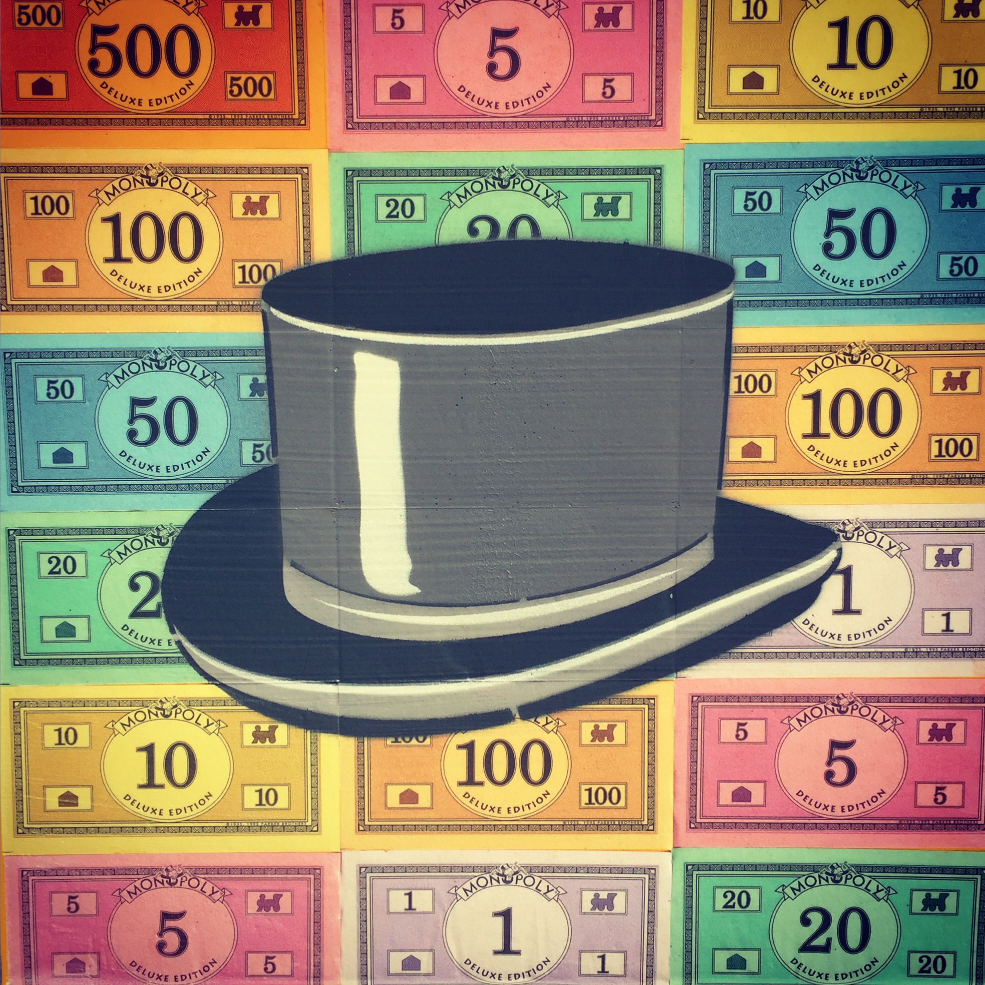 "Top Hat" 12x12 Acrylic Spray Paint on Canvas with Monopoly Money