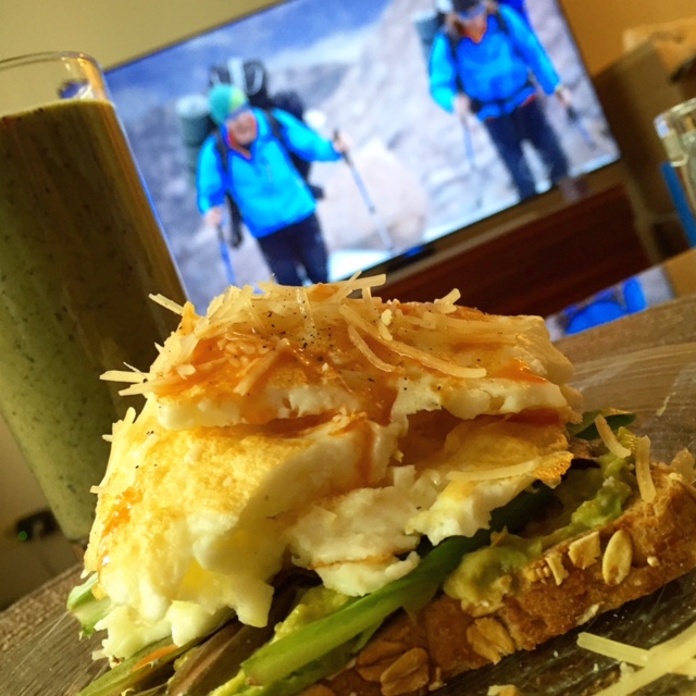 Post bike & run breakfast: egg whites on sprouted grain toast with avocado, greens, parmesan and a green protein smoothie.