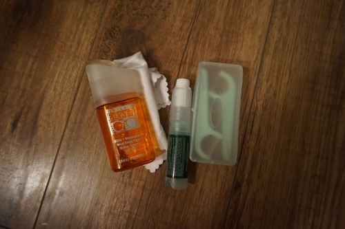 Eyeglass cleaner & cloth, Scope mouthwash spray & Flossers. I NEVER go anywhere without the flossers! 