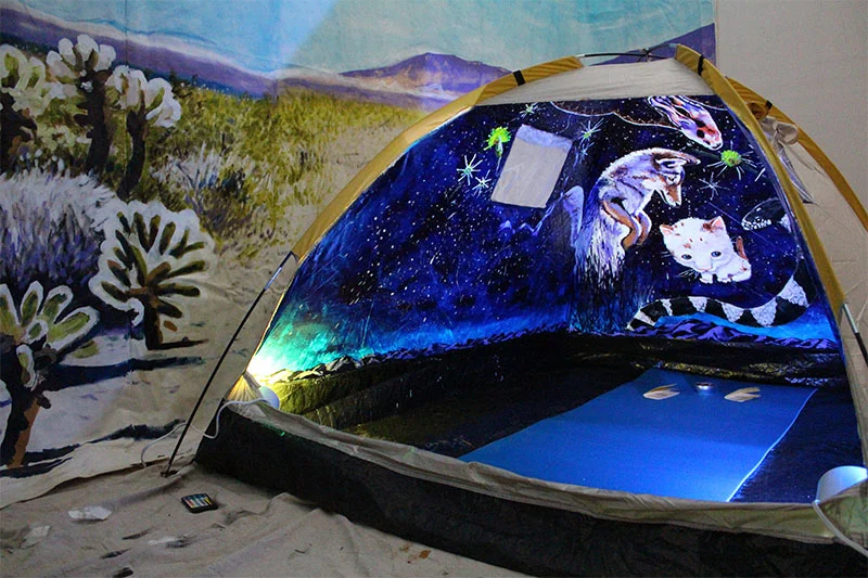 StoryHut . 2014. Acrylic on modified camping tent, sound and mixed media. 4.5' x 6' x 4'