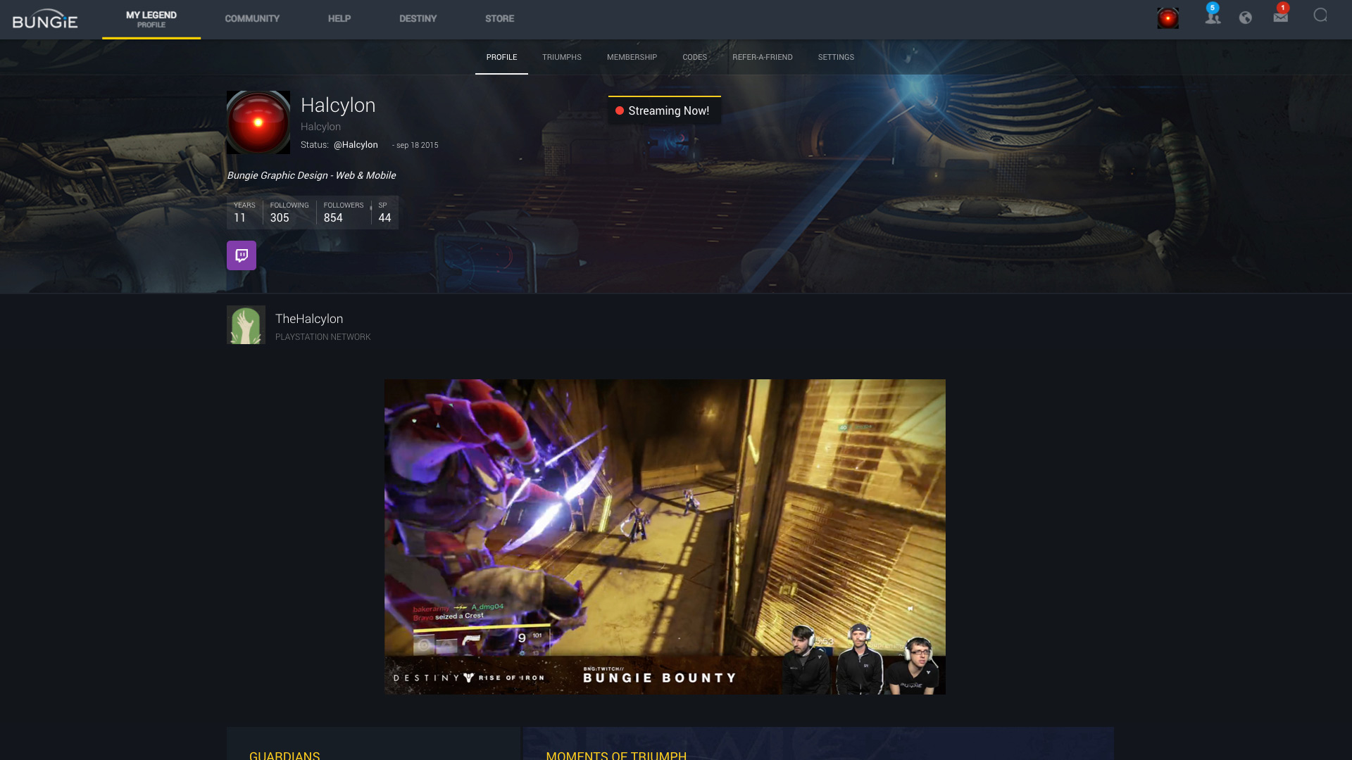 Profile view when user is streaming.